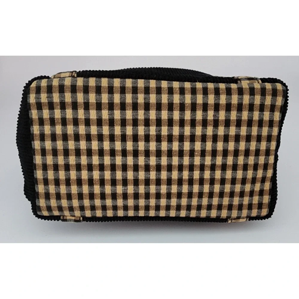 Longaberger Corduroy Tote Bag Small Black Khaki Gingham Hand Bag Purse EXC